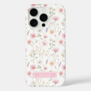 Coques iPhone 16 Pro Monogramme aquarelle de fleur sauvage rose