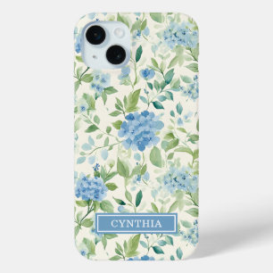 Coque iPhone 15 Mini Monogramme Aquarelle Hydrangea Bleue