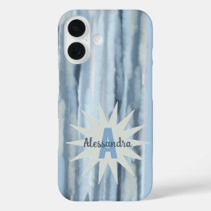 Coques iPhone 16 Monogramme aquarelle pastel rayures bleu marine gr