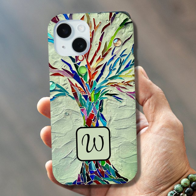 Coques Case-Mate iPhone Monogramme Arbre de vie Mosaïque verte (Créateur téléchargé)