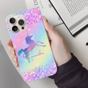 Coques iPhone 16 Pro Monogramme arc-en-ciel de Parties scintillant rose
