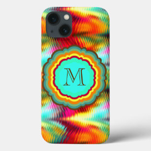 iPhone 13 Coque Monogramme arc-en-ciel funky et vibrant