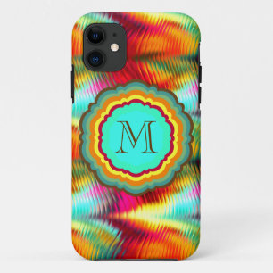 Coque iPhone 11 Monogramme arc-en-ciel funky et vibrant