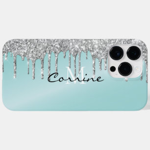 Coque Pour Pour iPhone 14 Pro Max Monogramme Argent Aqua Parties scintillant Bleu An