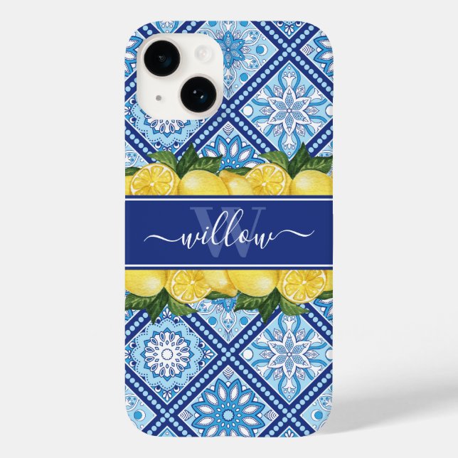 Coques Case-Mate iPhone Monogramme arrière en carreaux bleu citron (Verso)