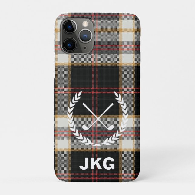 Coques Case-Mate iPhone Monogramme Black Plaid Golf Clubs Laurel Wreath (Dos)