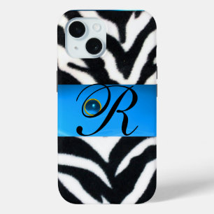 COQUE POUR iPhone 15 MONOGRAMME BLACK ZEBRA FUR AQUA BLEU GEM,