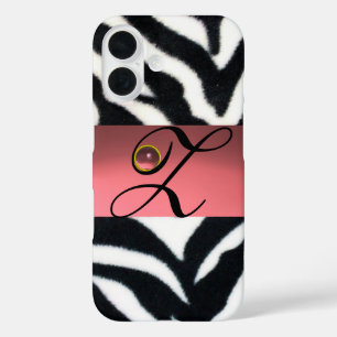 COQUES iPhone 16 MONOGRAMME BLACK ZEBRA FUR ROSE GEM,