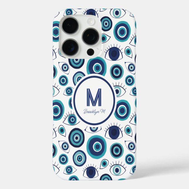 Coques Case-Mate iPhone Monogramme blanc bleu oculaire grec moderne (Verso)