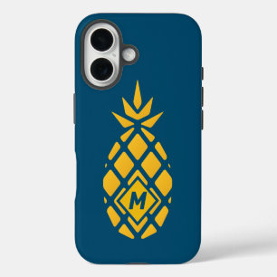 Coques iPhone 16 Monogramme bleu ananas géométrique tendance