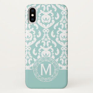 Coques Pour iPhone Monogramme bleu blanc Damas