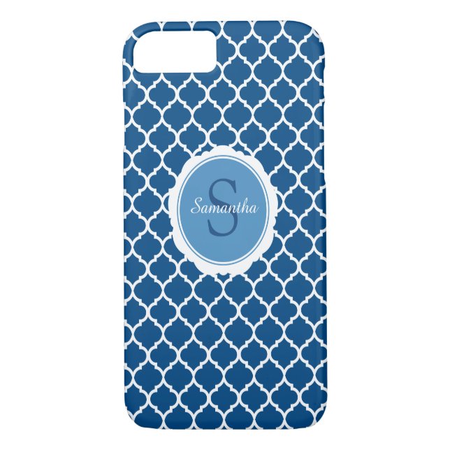 Coques Case-Mate iPhone Monogramme bleu blanc moderne géométrique (Dos)