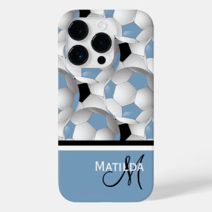 Coque Pour iPhone 14 Pro Monogramme Bleu clair Noir Motif de balle de socce