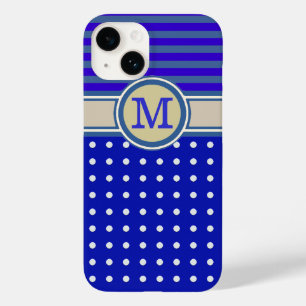 Coque Pour iPhone 14 Monogramme bleu, points de polka et rayures