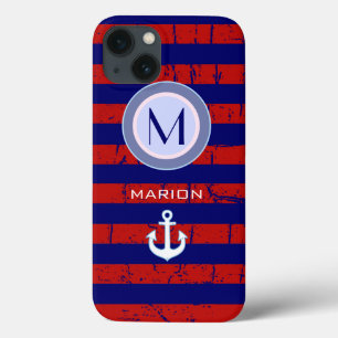 iPhone 13 Case monogramme bleu&rouge rayures et ancre
