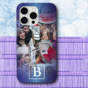 Coque iPhone 15 Pro Max Monogramme bleu tendance 6 Photo Collage