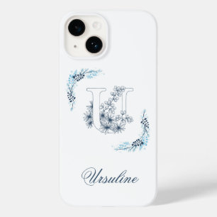 Coque Pour iPhone 14 Monogramme bleu "U" initial Floral calme