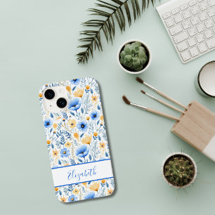 Coque Pour iPhone 14 Monogramme Boho Fleurs sauvages Bleu Jaune Floral