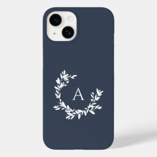 Coque Pour iPhone 14 Monogramme botanique bleu marine initial