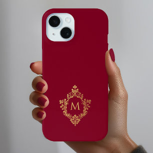 Coque Pour iPhone 15 Monogramme Bourgogne Élégant Vintage Faux Gold Cre