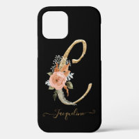 Monogramme C Script Gold BOHO Black Pink Floral Le