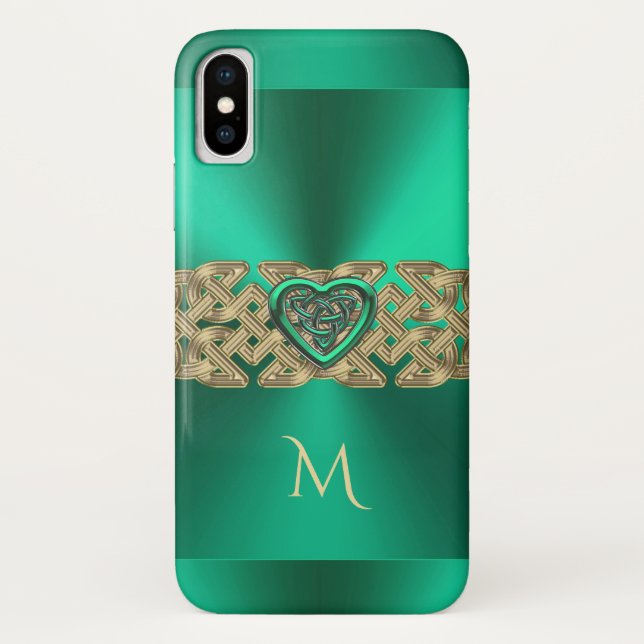 Coques Case-Mate iPhone Monogramme celtique vert de noeud de coeur de (Dos)