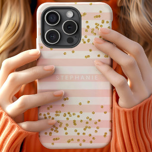 Coque Pour iPhone 15 Monogramme Confettis Pailletés Rose Fardé Rayures