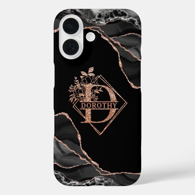 Coques Case-Mate iPhone Monogramme D Noir Agate Marbre Rose Or (Verso)