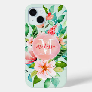 Coque Pour iPhone 15 Monogramme d'aquarelle florale Paradise