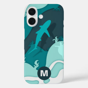 Coques iPhone 16 Monogramme d'art abstrait de requin cool