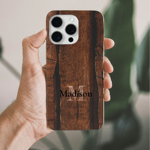 Coque iPhone 15 Pro Max Monogramme de bois ancien brun foncé rustique