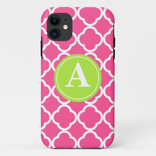 Coque iPhone 11 Monogramme de chaux de Quatrefoil de roses indien