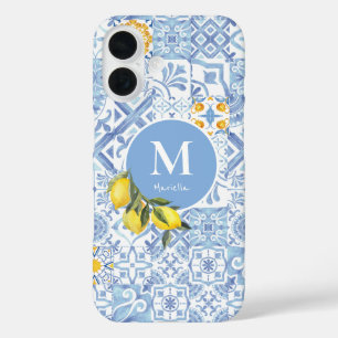Coques iPhone 16 Monogramme de citron, carreau bleu