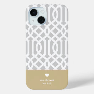 Coque Pour iPhone 15 Monogramme de coeur gris et or Trellis