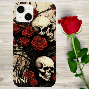Coque Pour iPhone 14 Monogramme de crâne gothique et de roses rouges