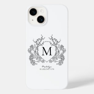 Coque Pour iPhone 14 Monogramme de crête florale noir et blanc classiqu