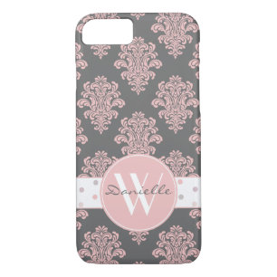 Coques Pour iPhone Monogramme de Damas rose Fille