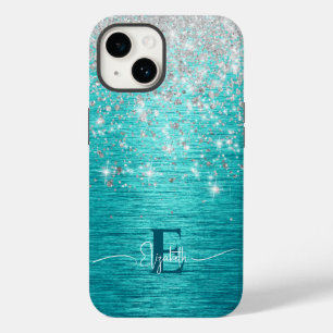 Coque Pour iPhone 14 Monogramme de fausse parties scintillant Turquoise