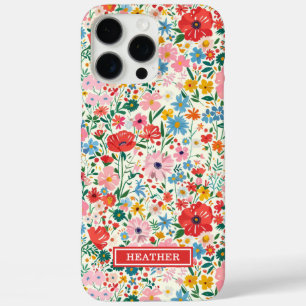 Coques iPhone 16 Pro Max Monogramme de fleurs à pois rouges et roses