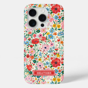 Coque iPhone 15 Pro Monogramme de fleurs à pois rouges et roses