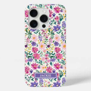 Coque iPhone 15 Pro Monogramme de fleurs ditsy rose et violet
