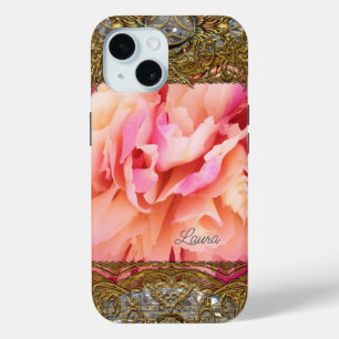 Coque Pour iPhone 15 Monogramme de fluide élegant de pivoine