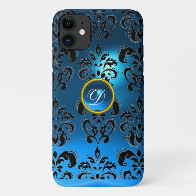COQUES Case-Mate iPhone MONOGRAMME DE GEM BLUE BLACK DAMASK (Dos)