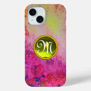 COQUE POUR iPhone 15 MONOGRAMME DE GEM FLORAL JAUNE ABSTRAITE ROSE PURP