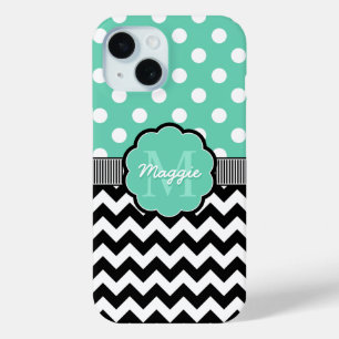 Coque Pour iPhone 15 Monogramme de menthe Pois noire Chevron