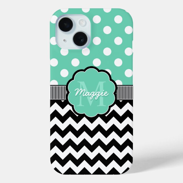 Coques Case-Mate iPhone Monogramme de menthe Pois noire Chevron (Verso)