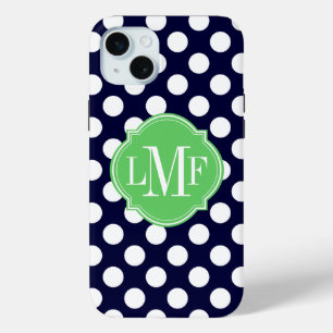 Coque iPhone 15 Mini Monogramme de Motif à points bleu et blanc de la m