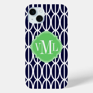 Coque iPhone 15 Mini Monogramme de Motif blanc bleu marine géométrique