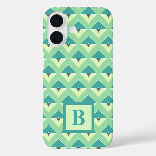 Coques Case-Mate iPhone Monogramme de Motif géométrique turquoise et vert (Verso)