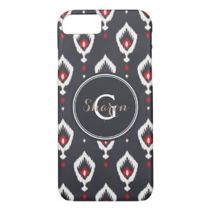 Coque iPhone 7 monogramme de motif tribal chic noir et rouge ikat